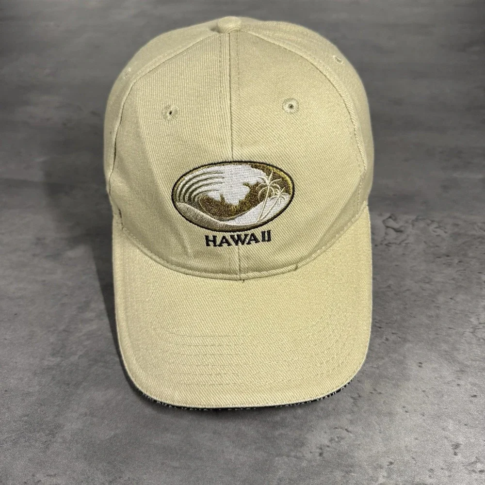 Vintage 90s Hawaii Hat Tan Khaki Brown‎ Gold Surf 100% Cotton Dad Cap Adj Strap